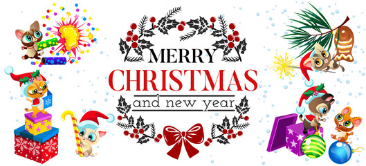 Fototapeta premium Cartoon poster merry christmas and new year