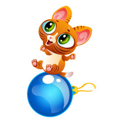 Cartoon cheerful kitty sitting on decoration ball