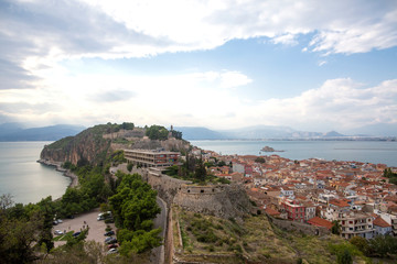Obraz premium Nafplio aerial panoramic view from Palamidi fortress. Nafplio is a seaport town in the Peloponnese peninsula in Greece. amazing view from the old fortress 