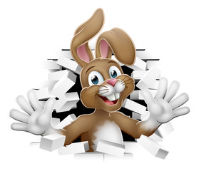 Easter bunny rabbit cartoon character breaking through the background wall