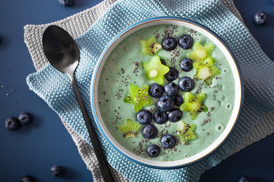 Healthy Spirulina Smoothie Bowl With Blueberry, Kiwi Stars, Chia Seed