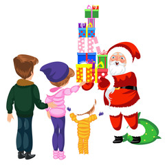 Fototapeta na wymiar Cartoon cheerful main character of christmas with gifts