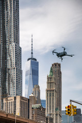 Drone flies over Manhattan, New York, USA	