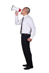 Fototapeta premium Young Asian Businessman Screaming Using Megaphone, Mad Expression