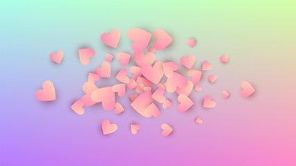 Love Background. Poster Template. Heart Confetti Pattern. Many Random Falling Purple Hearts on Hologram Backdrop. Vector Love Background.