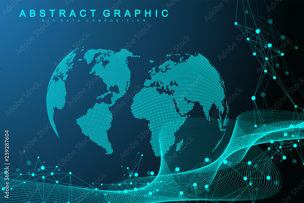 Aufkleber Big data visualization. Graphic abstract background Artificial Intelligence. Social network connection concept. Perspective backdrop of depth. Virtual minimal array with compound. Vector illustration.
