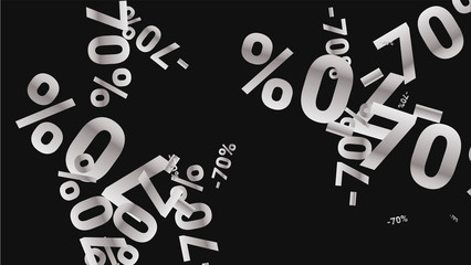 Percent Sings on Dark Background. Black Poster with Silver Percent Sings and Snowflakes. Vector Discount Sale Background.