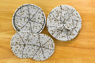 Round African handmade Beaded Coaster set in white gold