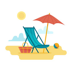 Chaise-longue on the beach under a umbrella. Lounge with sea on tropical background. Flat style vector illustration.