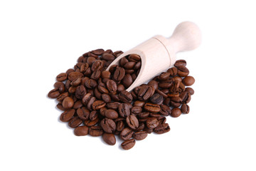 Coffee beans in wood spoon isolated on white background.