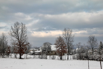 Winter village countryside landscape with snow on trees and roofs of houses