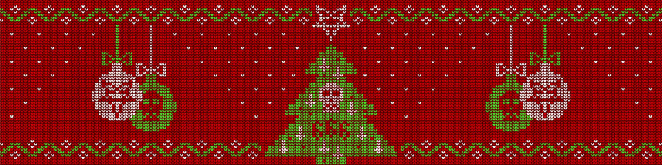 Ugly sweater knitted  background in red, green and white colors. Christmas tree decorated with a pentagram, inverted crosses and a skull and Christmas balls with skull and pentagram.