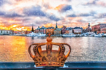 panorama of winter Stockholm at sunset, Sweden