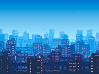 City at night.Vector town in flat style design.Panorama of the big city at night