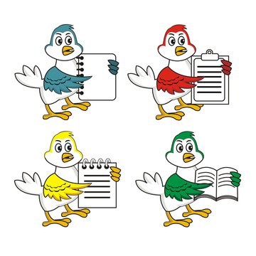 Set of birds holding the note book