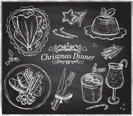 Christmas menu chalk meal elements, holiday menu - turkey, pudding, eggnog, sweet potato