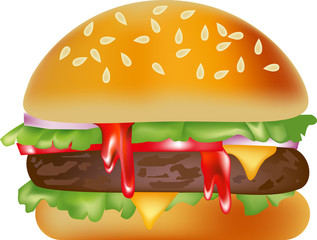 hamburger illustration vector, burger food, cheeseburger with sauce, beef on bun, cheese sandwich, meat cooked, bread bun, isolated on white background, fast fast food lunch, lettuce, tomato, white, u