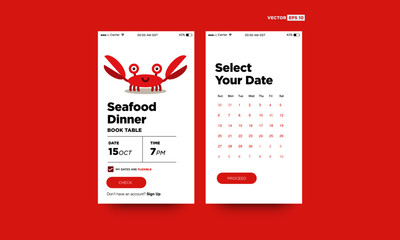 Seafood Dinner Book Table with Cute Crab Cartoon App UX and UI For Phone Screen