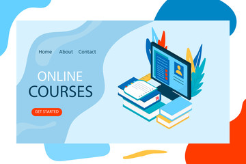 Online education concept. Isometric illustration with book and computer for training courses, tutorials