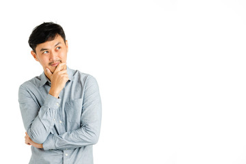 Happy man seems thinking or wish for some good things.