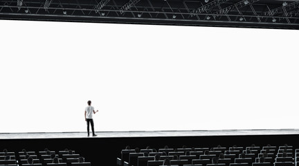 Presentation hall with person on scene auditorium blank screen mockup