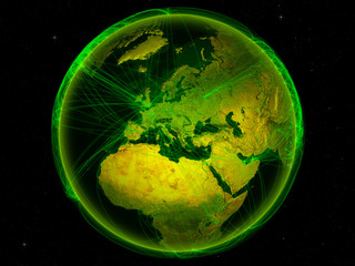 Montenegro from space on planet Earth with digital network representing international communication, technology and travel.