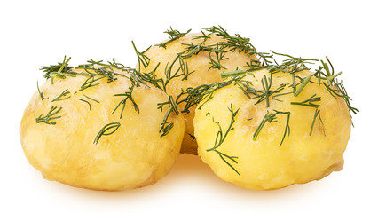 Three young boiled potatoes in dill