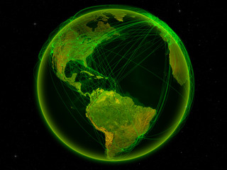 Caribbean from space on planet Earth with digital network representing international communication, technology and travel.
