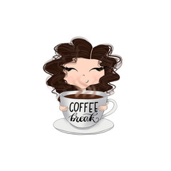 Brunette Hair Girl With A Cup Of Coffee And An Inscription Coffee Break 