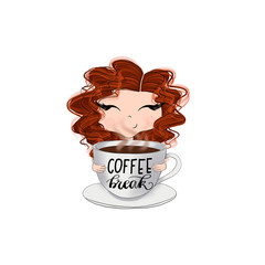 Red Hair Girl With A Cup Of Coffee And An Inscription Coffee Break