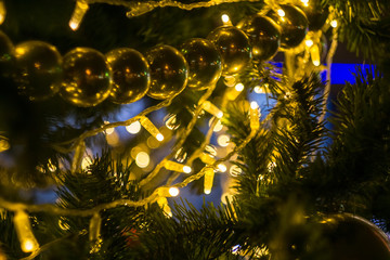  toys and lights on the Christmas tree