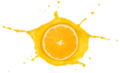 orange slice inside a juice splash isolated on white