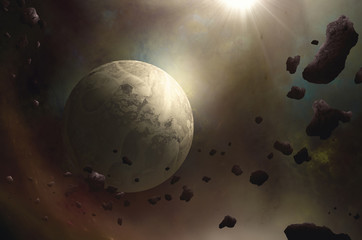 planet passing through asteroid belt surreal spatial background