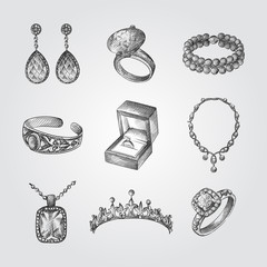 Hand Drawn Jewelry Sketches Set. Collection Of Accessories Sketches isolated on white background.
