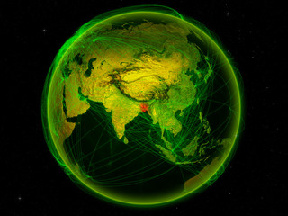 Bangladesh from space on planet Earth with digital network representing international communication, technology and travel.