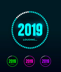 Doodle with 2019 loading. New year download screen. Progress bar almost reaching new years eve. Vector illustration. Isolated on dark background.