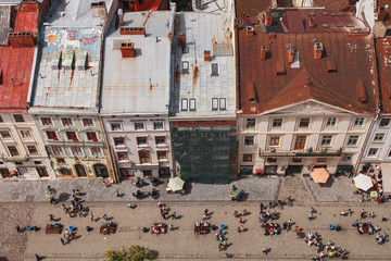 Top view from of the city hall in Lviv. Photo of the old roofs of the city of Lviv made with the town hall.