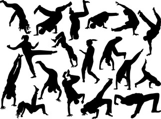 breakdancers silhouettes isolated on white