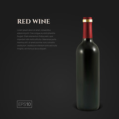 Photorealistic bottle of red wine on a black background. Mock up transparent bottle of wine. Template for product presentation or advertising in a minimalistic style.
