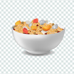 Vector realism style illustration muesli in bowl with fruits and berries