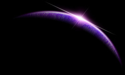 Earth Globe in Space Lit by Rising Sun. Blue Planet with Sun Flare Isolated on Black Background with Copy Space. Banner, Card or Design Element, High Resolution Illustration