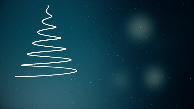 Abstract Christmas tree illustrated by spiral white line on blue background with falling snowflakes and lights. Schematically pictured Christmass tree, Marry Christmass and Happy New Year concept.