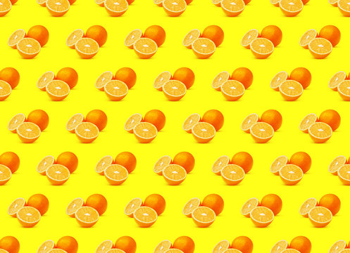 Seamless Pattern of Orange Fruits on Yellow Background. Natural Citrus Pop Art Background, High Resolution Photography                     