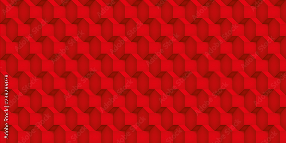 Poster volume realistic vector cubes texture, red geometric seamless pattern, design scarlet background for