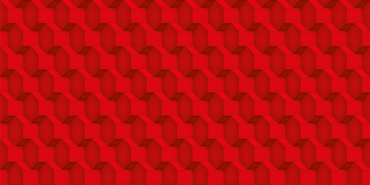 Volume realistic vector cubes texture, red geometric seamless pattern, design scarlet background for you projects 