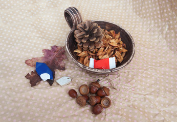 Ceramic bowl with slices of dried apples, pinecone, candy. Candid.