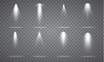 Scene illumination collection, transparent effects. Bright lighting with spotlights.