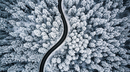 Curvy windy road in snow covered forest, top down aerial view