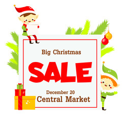 Christmas Sale banner. background with cute elf and spruce. Banner design template for advertisements, greeting cards, seasonal marketing