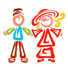 Cute couple, funny lady and gentleman, colorful pattern
